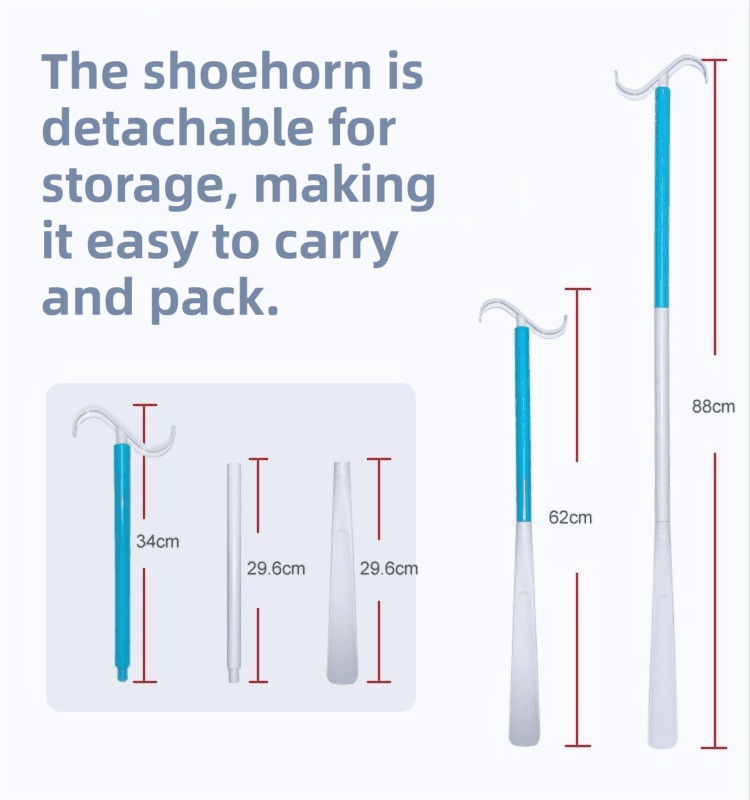 Detachable shoehorn with white handle and blue storage tube for easy carrying