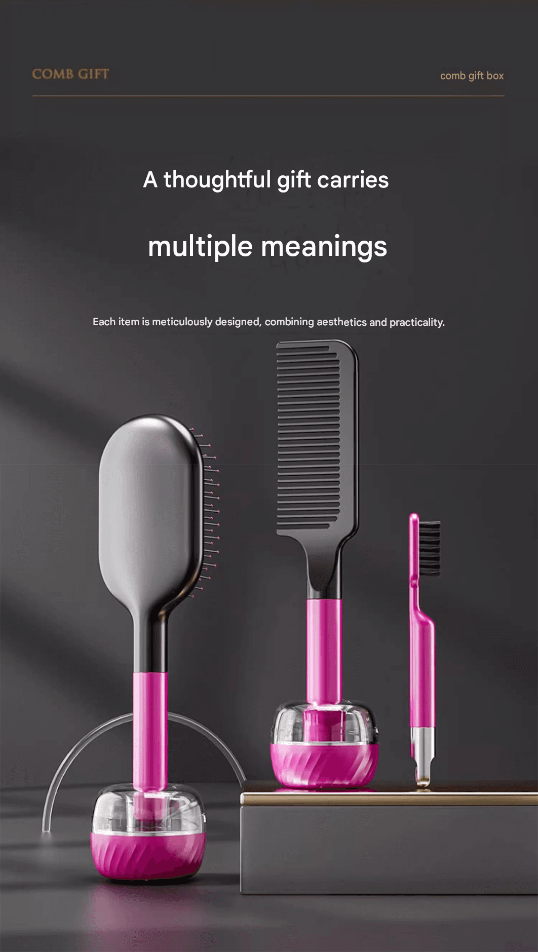 Pink hair care brush and detangling comb set in clear stand gift box