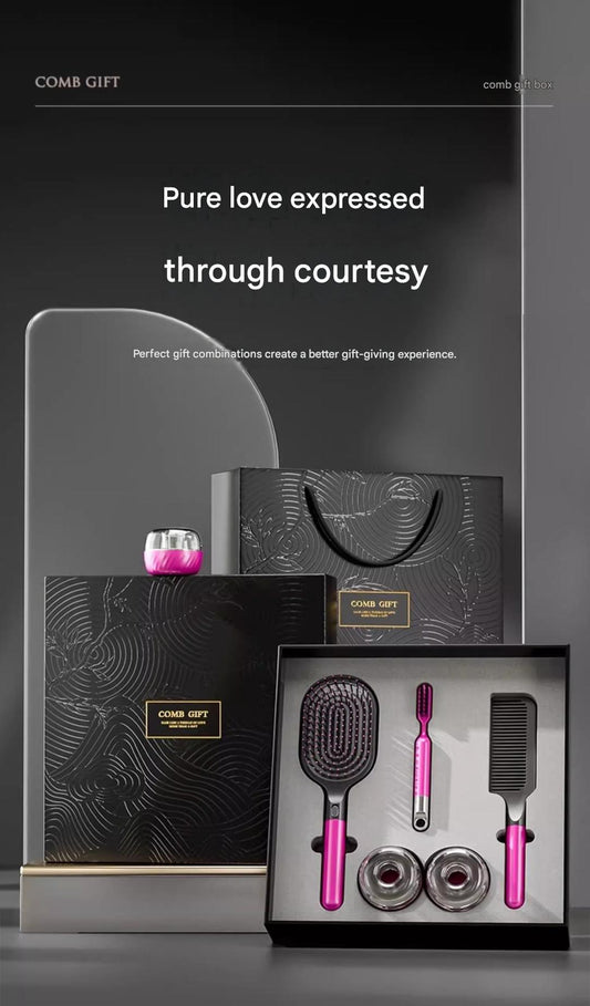 Hair care gift box set with pink-handled paddle brush, combs, and cleaning brush