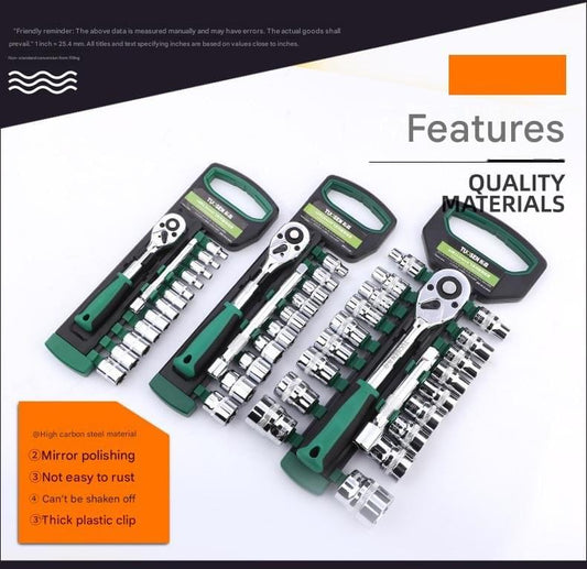 Socket wrench tool kit with green cases, chrome sockets and ratchets, 12-piece set