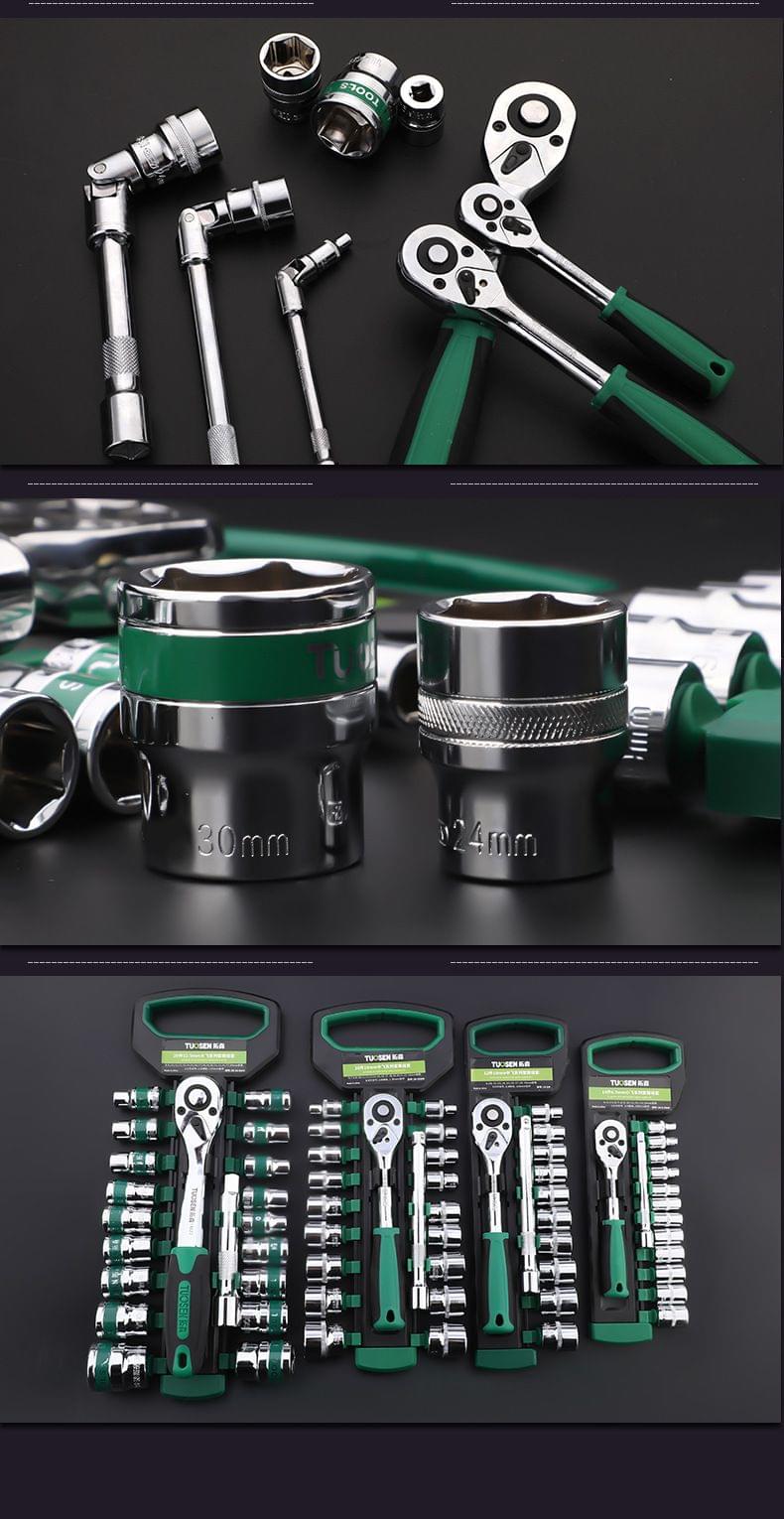 Socket wrench set components: chrome sockets, ratchet wrenches, and green tool cases