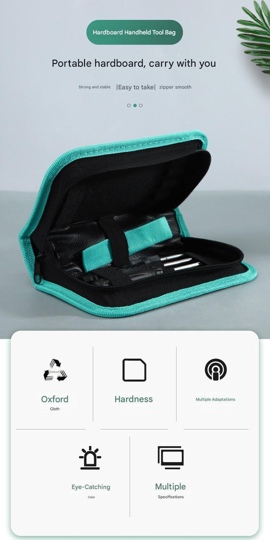 Black tool bag open with teal trim, interior dividers and zippered compartments