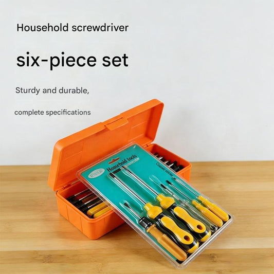 Household screwdriver set in open orange case with teal tray and yellow-handled tools