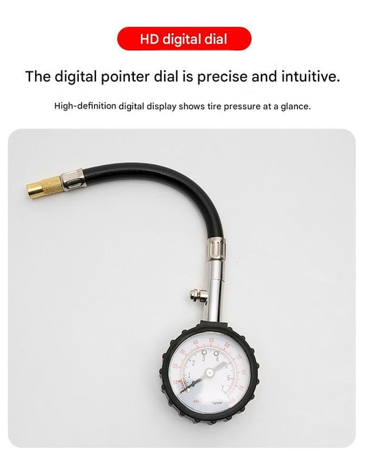 Tire pressure gauge with black hose and analog dial, brass connector and metal valve