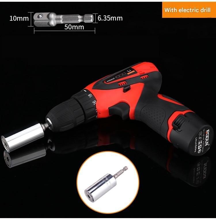 Universal socket adapter attachment with colored body, connected to a power drill