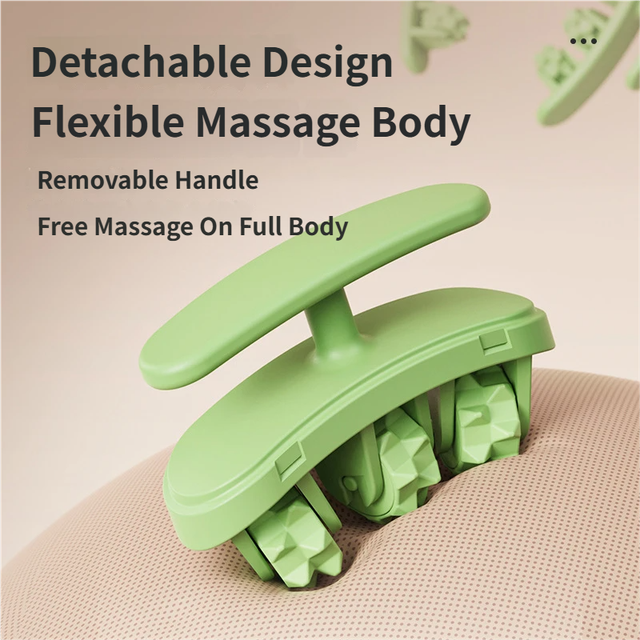 Green and White Multifunctional Ring Massage Roller with Detachable Handles - Dual Row 11 Wheel Manual Massager for Full Body Muscle Relief, 180 Degree Flexible Adjustable Width