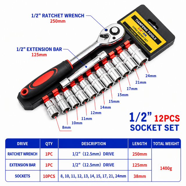 12PCS Portable 1/4 Inch Ratchet Socket Wrench Set - 10 Sizes Metric Socket Set, Quick Release Reversible Ratchet Wrench and Extension Bar for Car Repair Garage and Auto Maintenance