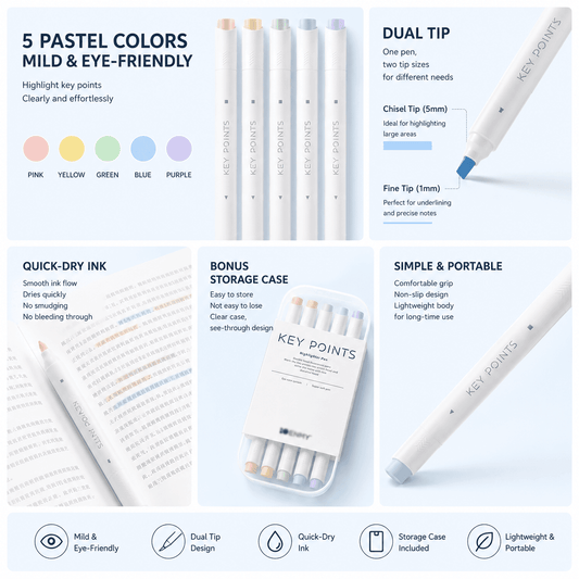 Set of 5 pastel dual-tip highlighter pens: pink, yellow, green, blue, and purple