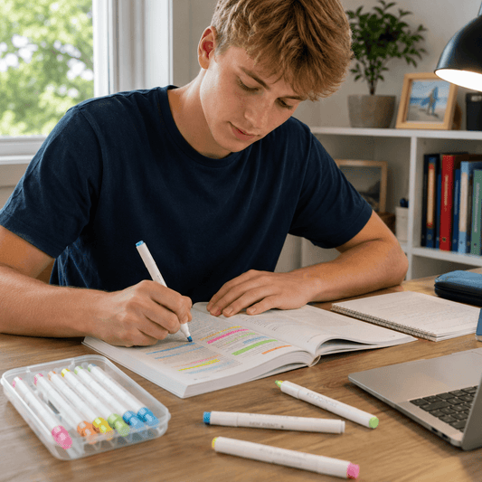 Pastel dual-tip highlighter pens on desk near an open notebook