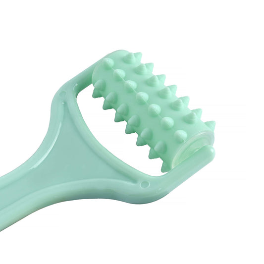 Mint-green handheld massage roller head with rounded nubs for muscle massage