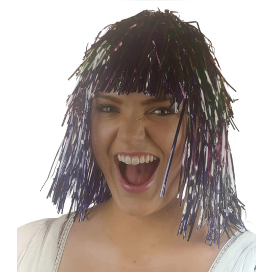 Dark tinsel wig with colorful fringe strands, fringe bangs framing a smiling face