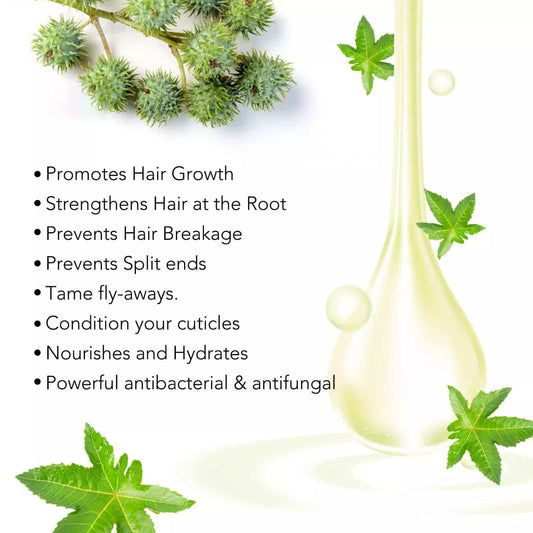 Castor oil pouring in pale yellow with green leaves and floating droplets