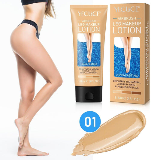 Airbrush leg makeup lotion shade 01 tube with model leg and beige swatch