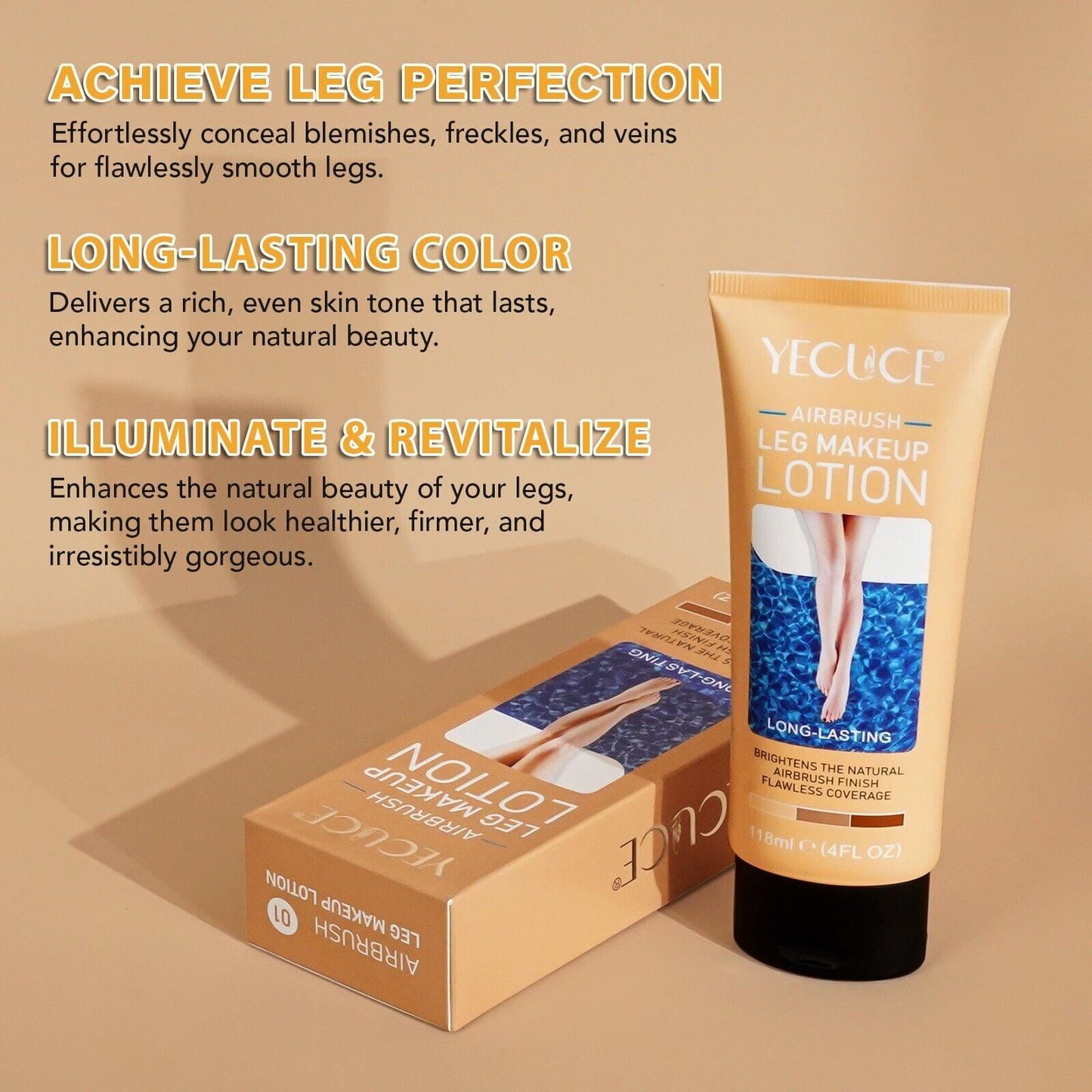 Airbrush leg makeup lotion tube and box, 118 ml