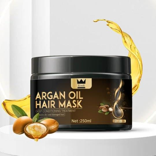 Argan oil hair mask jar with gold oil swirl and fruit accents