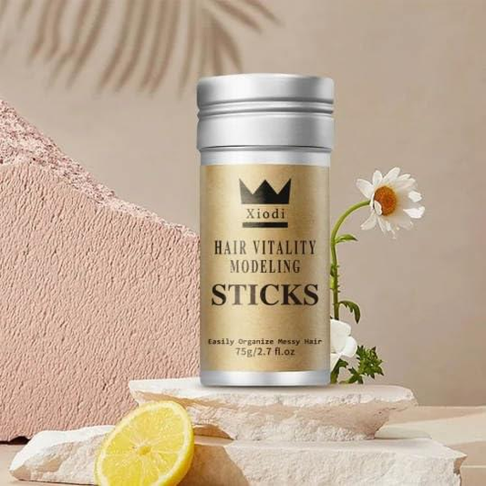 Hair wax stick container with silver lid and beige Xiodi label