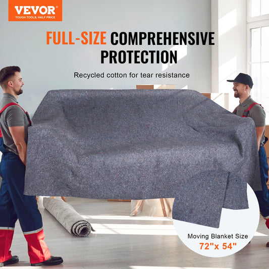 Large grey moving blanket pad, unfolded and draped for full surface protection