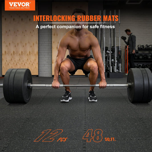 Interlocking rubber workout mat with dark speckled surface and puzzle-style edges