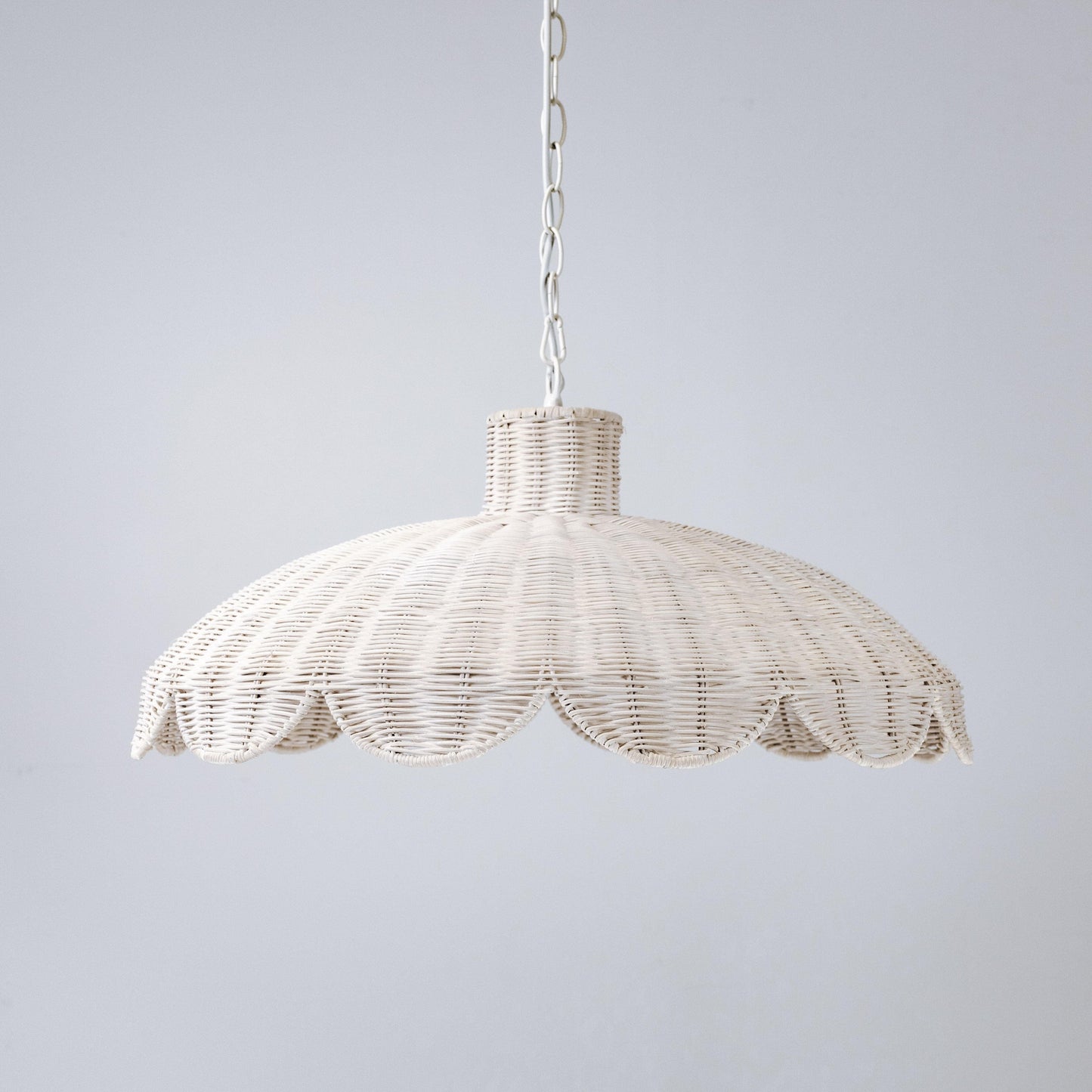 White rattan scallop pendant light shade with hanging chain