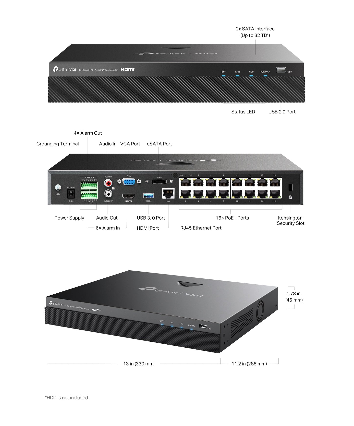 TP-Link VIGI NVR2016H-16P 16-Channel PoE+ Network Video Recorder – 4K HDMI Output, 90W PoE Budget, Dual SATA, H.265+ Compression (AUNZ)