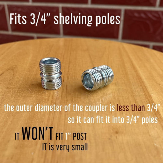 Threaded pole connector coupler set of 2, silver metal cylinders with internal threads