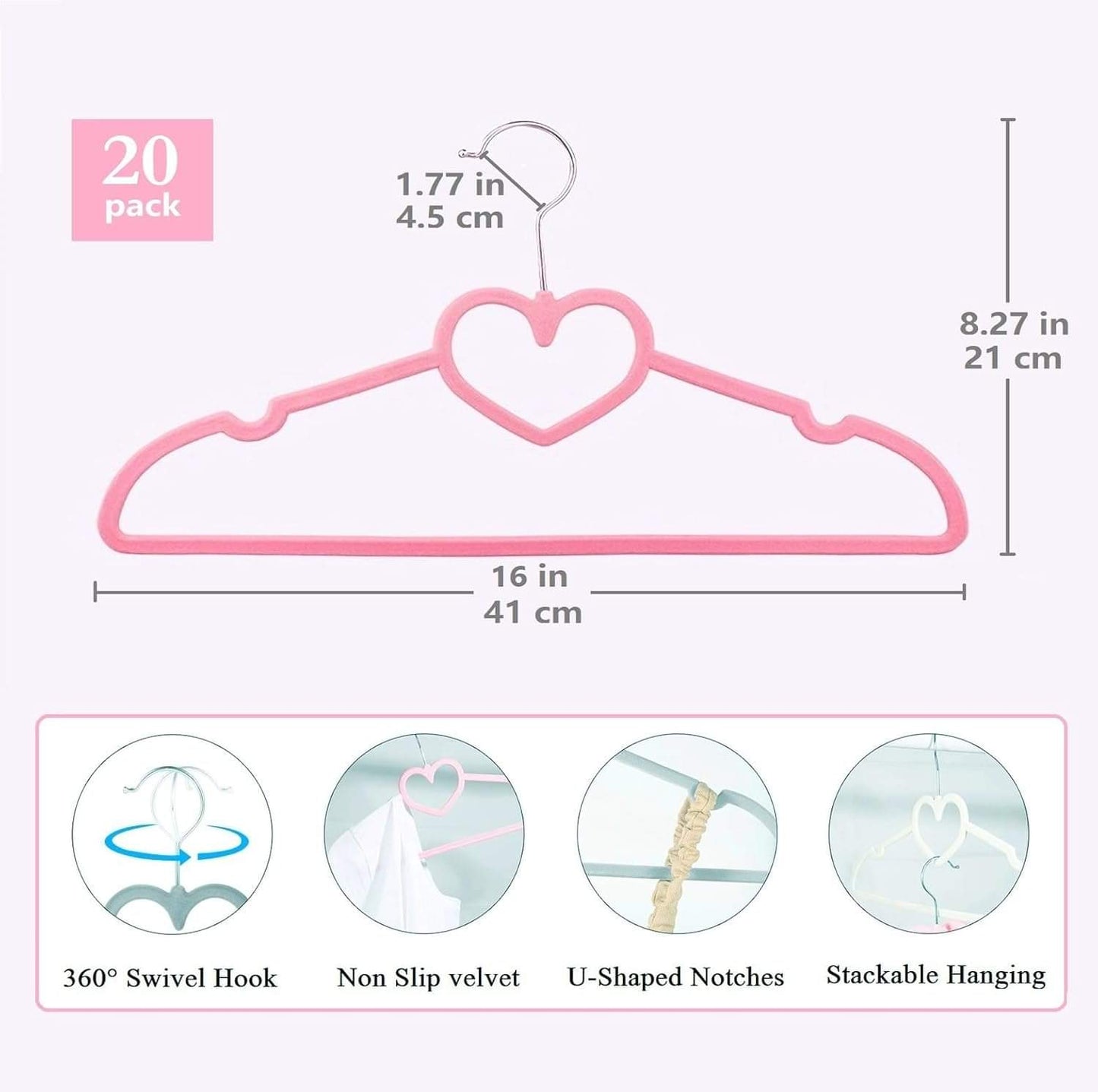 Pink velvet hanger with heart hook, 360° swivel and 16 in length