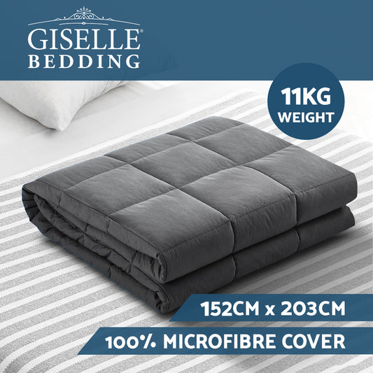 Dark gray weighted blanket folded over, with square quilted sections