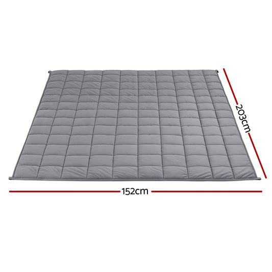 Gray weighted blanket laid flat with stitched grid pattern