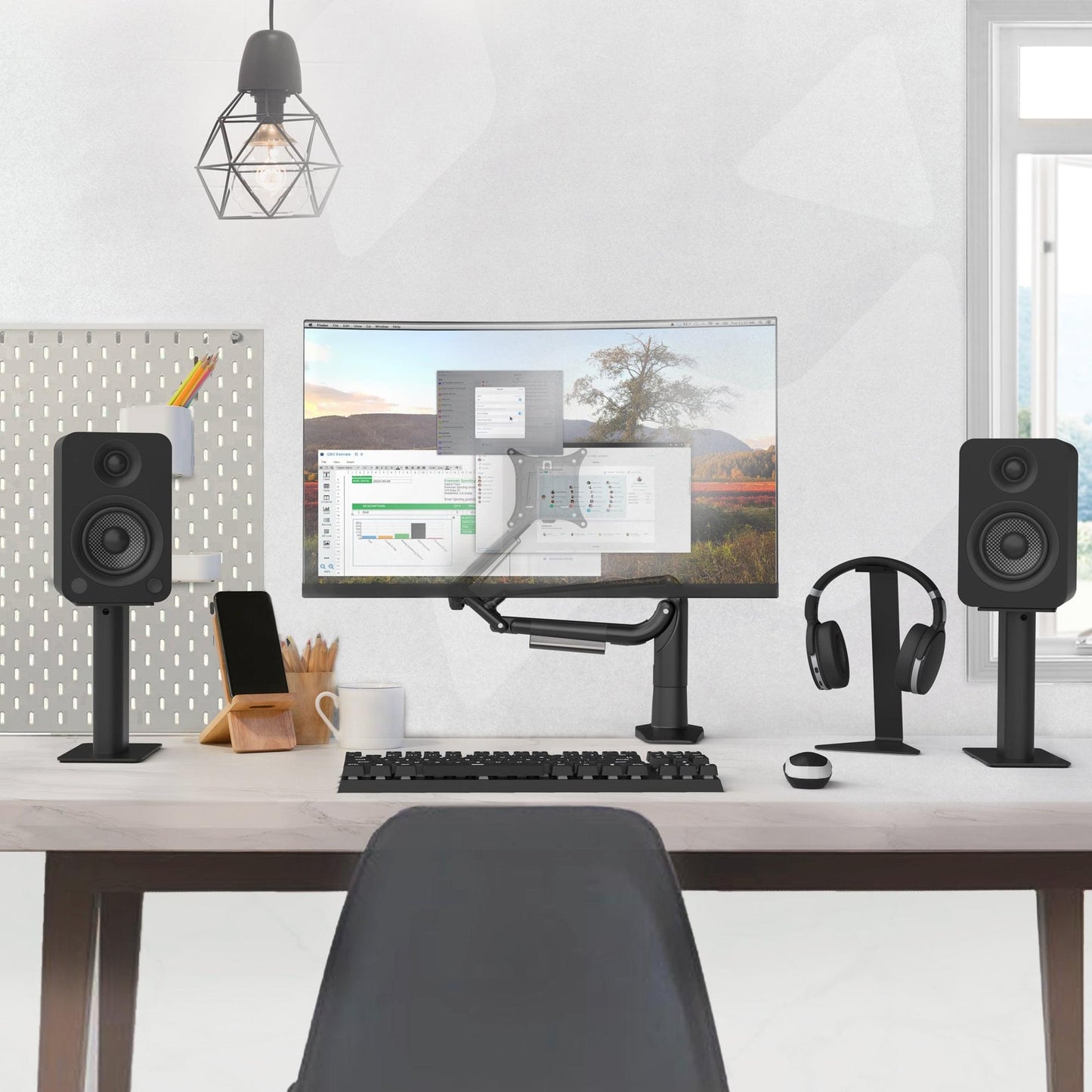 Black universal desktop headphone stand holding over-ear headphones