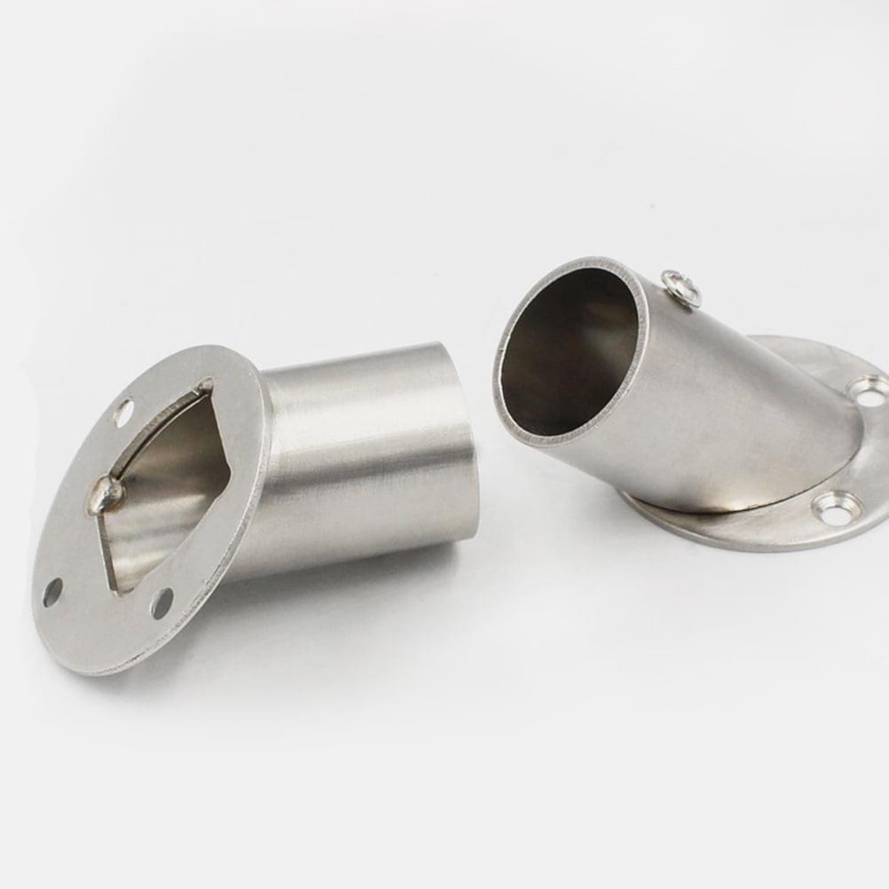 Pair of silver angled closet rod brackets with flange plates and open rod ends