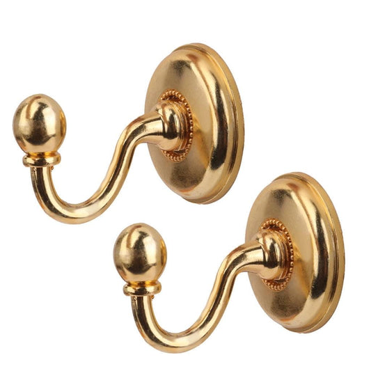 Gold metal curtain holdback wall hooks, pair with rounded backplates and ball tips