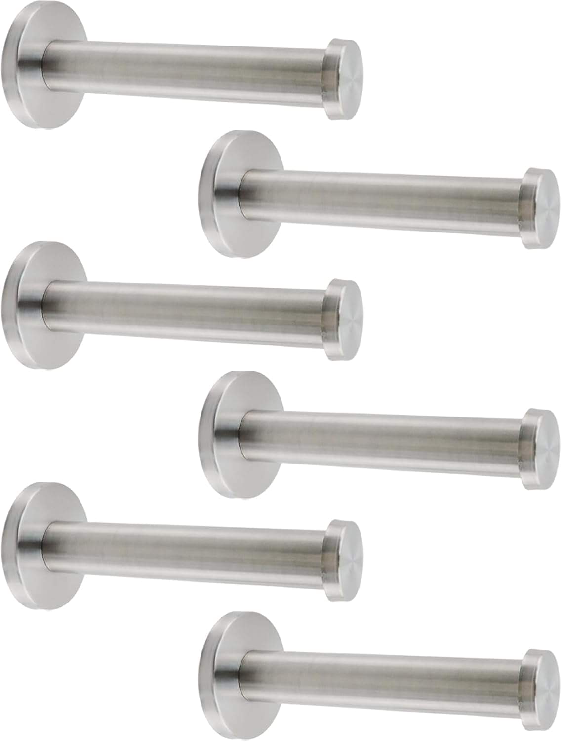 Set of 6 stainless steel wall hooks with round flanges, front view
