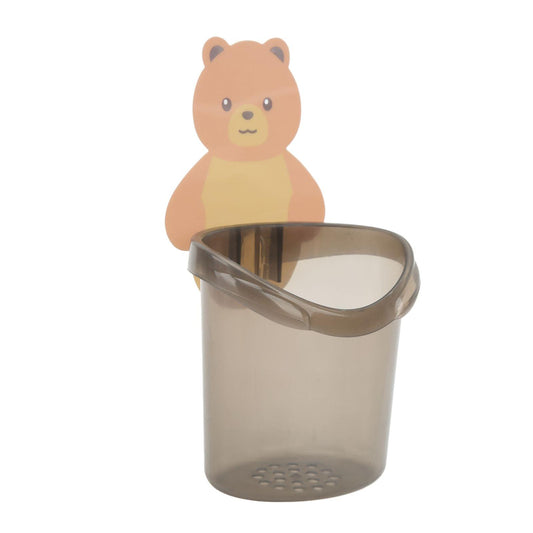 Wall-mounted toothbrush holder with smoke-gray cup, slanted opening and bear decoration