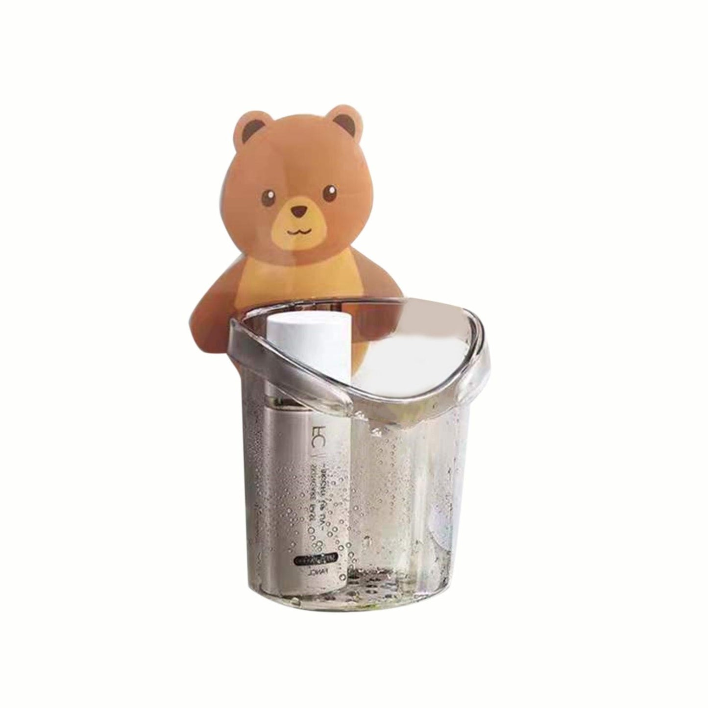 Gray wall-mounted toothbrush holder with bear graphic and open top cup