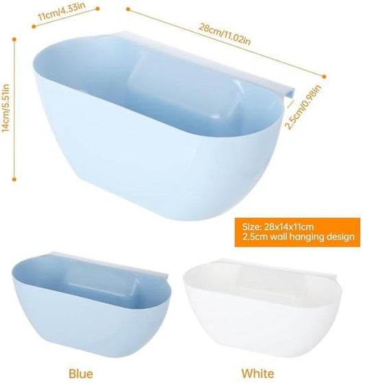 Blue and white wall-mounted waste bins, rounded front, compact hanging design.