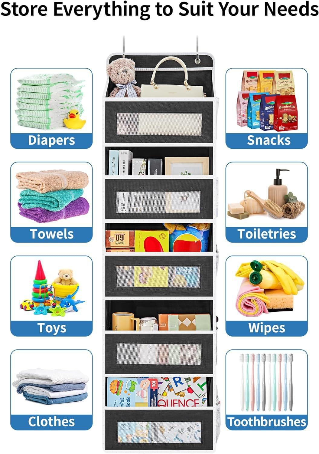 Wall-mounted hanging organizer with front pockets for diapers, towels, toys, and wipes