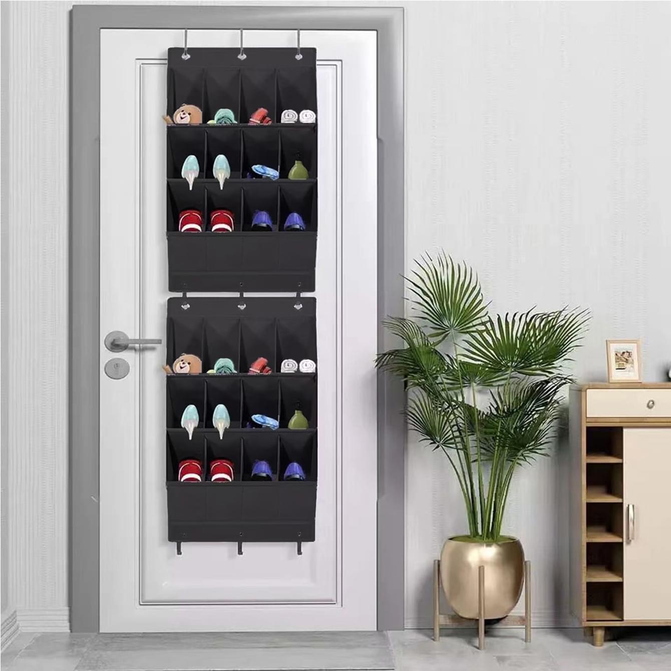 Wall-mounted shoe organizer with two rows of gray pockets and hanging hooks