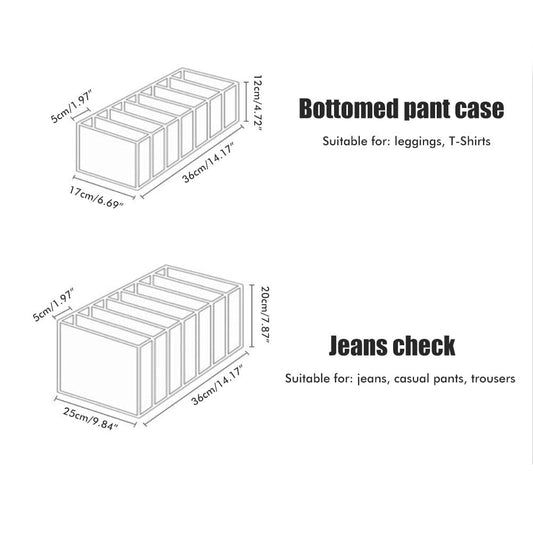 Fabric organizer size diagram with multiple compartments for pants and jeans