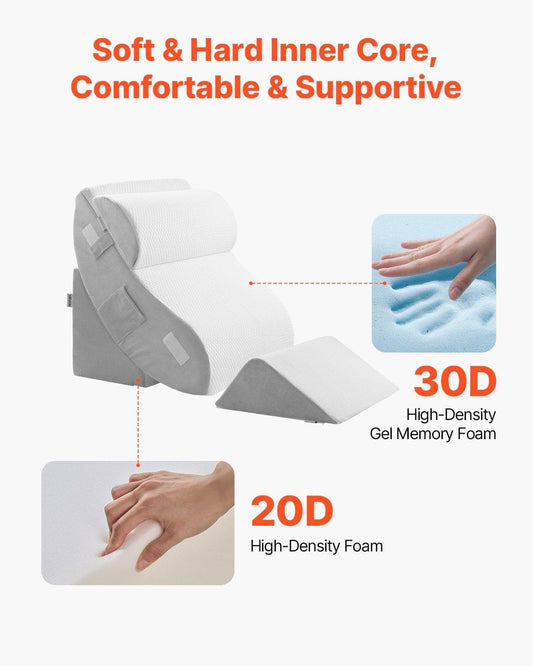 Orthopedic wedge pillow set with white top cushion and separate gray wedge pads
