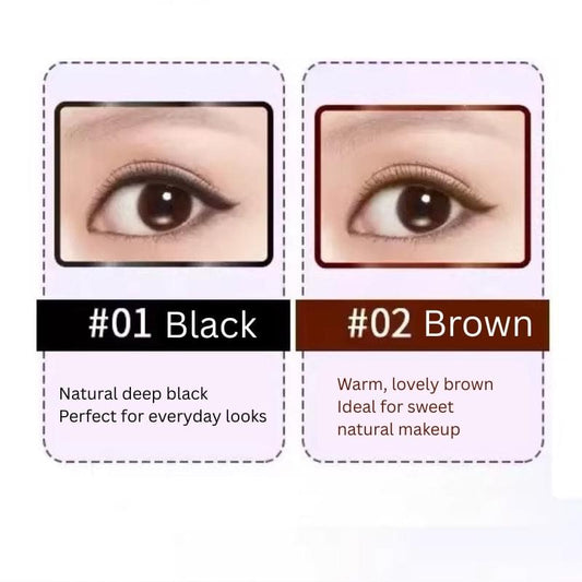 Eyeliner color chart: #01 Black and #02 Brown with eye look swatches