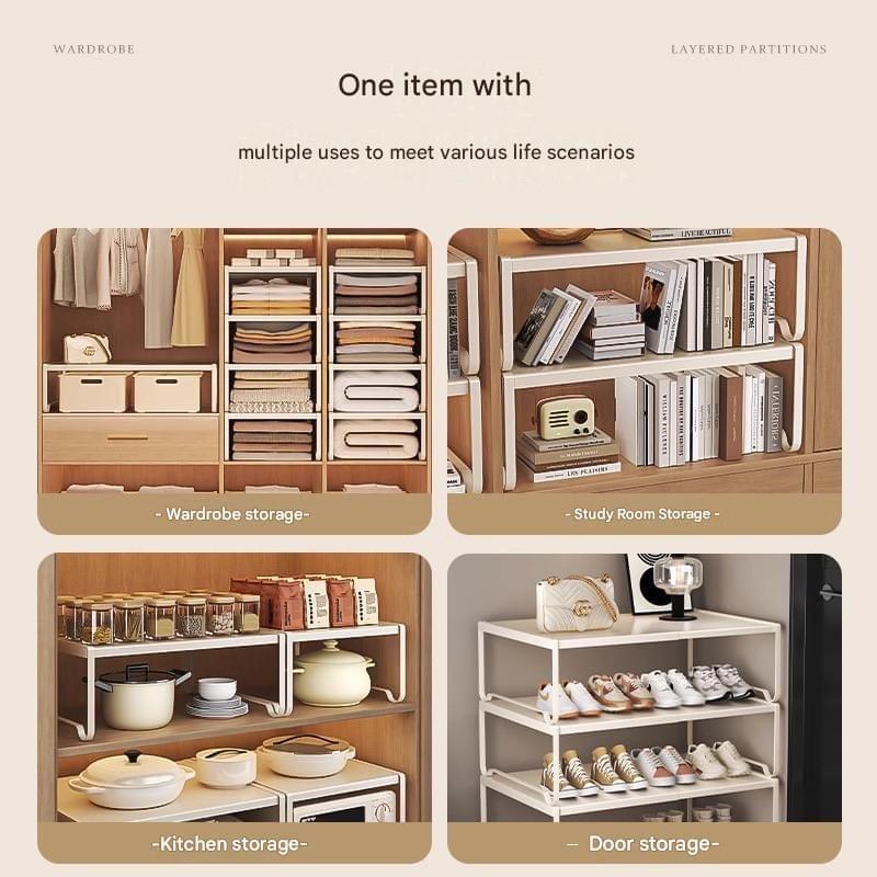 Adjustable white shelf organizer divider for wardrobe, kitchen, and entry storage