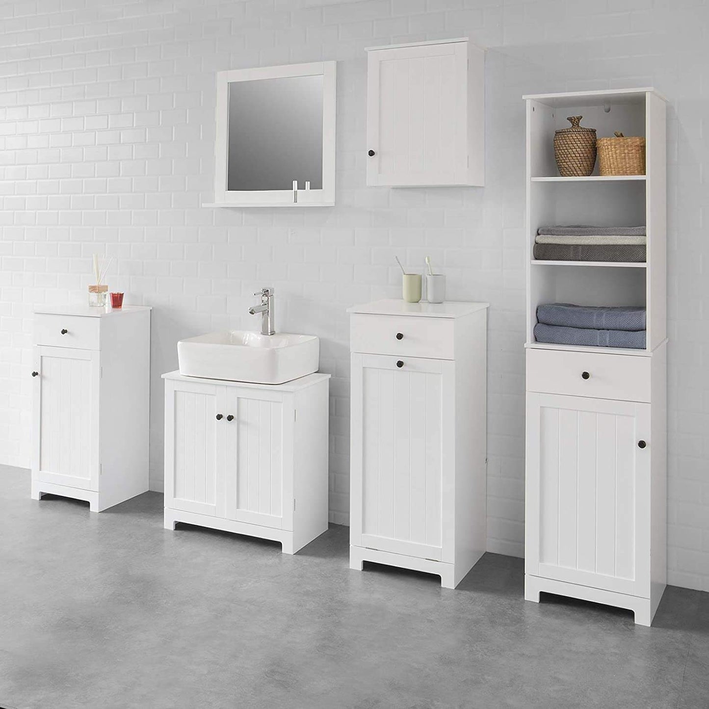 Set of white bathroom cabinets and vanities with drawers and doors, multiple units