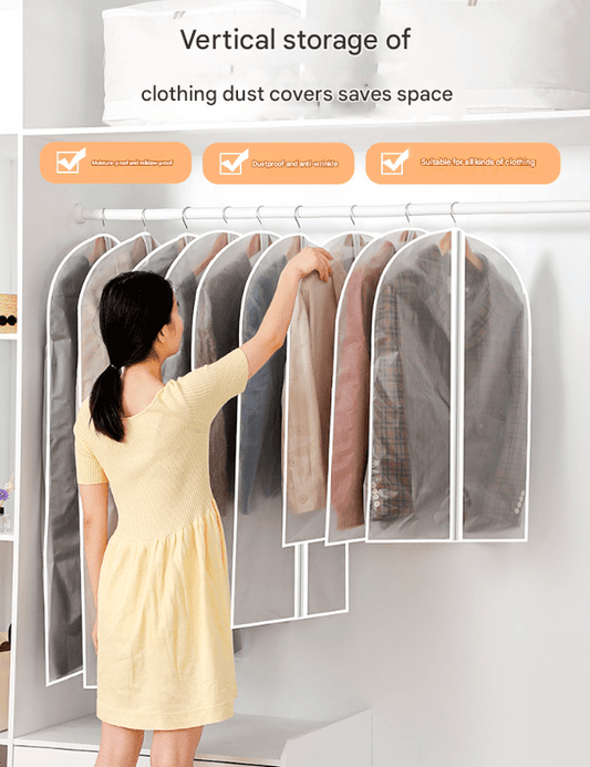 Hanging translucent garment storage bags on closet rail, multiple covers