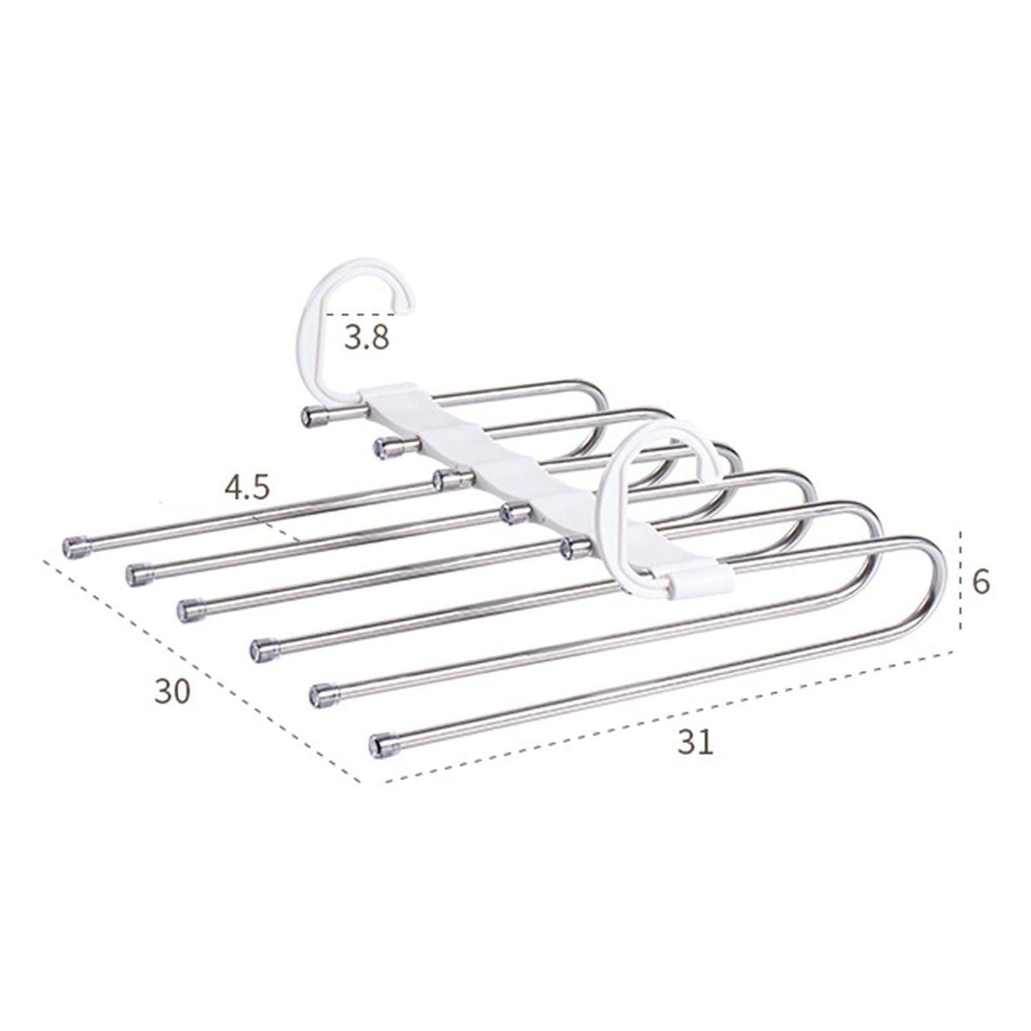 White multi-layer pants hanger rack with measurements and curved metal bars