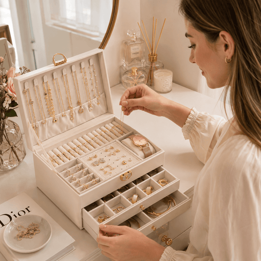 White lockable jewellery box open with necklace rows and divided ring and bracelet drawers