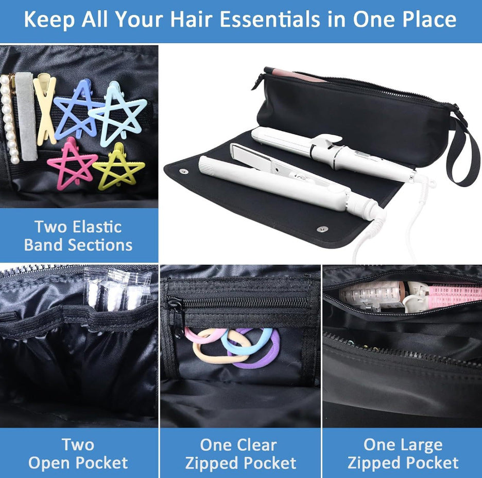 White Premium Insulated Roll-Up Travel Case for Hair Styling Tools & Blow Dryers with Muti-Pockets (18x5.5x5 Inch)