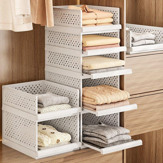 White pull-out drawer organizer with open shelves and perforated panel walls