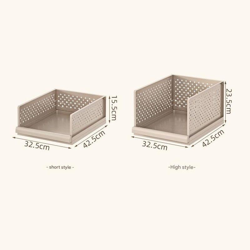 White pull-out drawer organizer in short and high styles, with size measurements