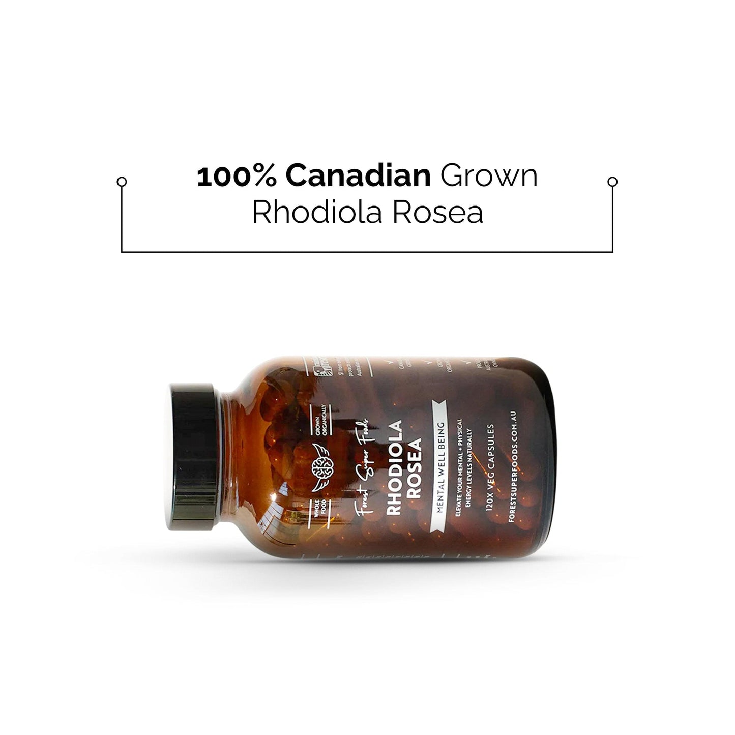Rhodiola rosea supplement bottle with '100% Canadian Grown' printed label
