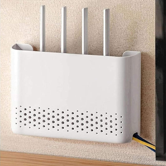 White router hider box with front vent holes and openings for cables